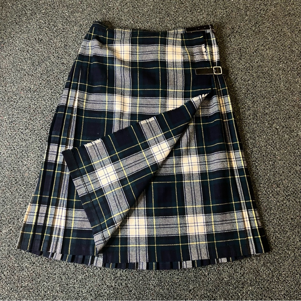 Green Tartan Checkered Scottish Plaid Kilt Wool Skirt Leather Double Belted S-M